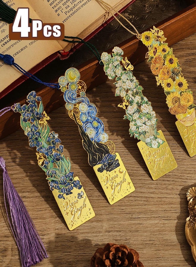 4 قطع من العلامات المرجعية مع شرابة، علامة مرجعية معدنية مجوفة ذهبية اللون، علامة مرجعية بموضوع لوحة زيتية مونيه للنساء محبات الكتب والكاتبات والقراء والأطفال والفتيات المراهقات، (نمط الزهور) - Image 1