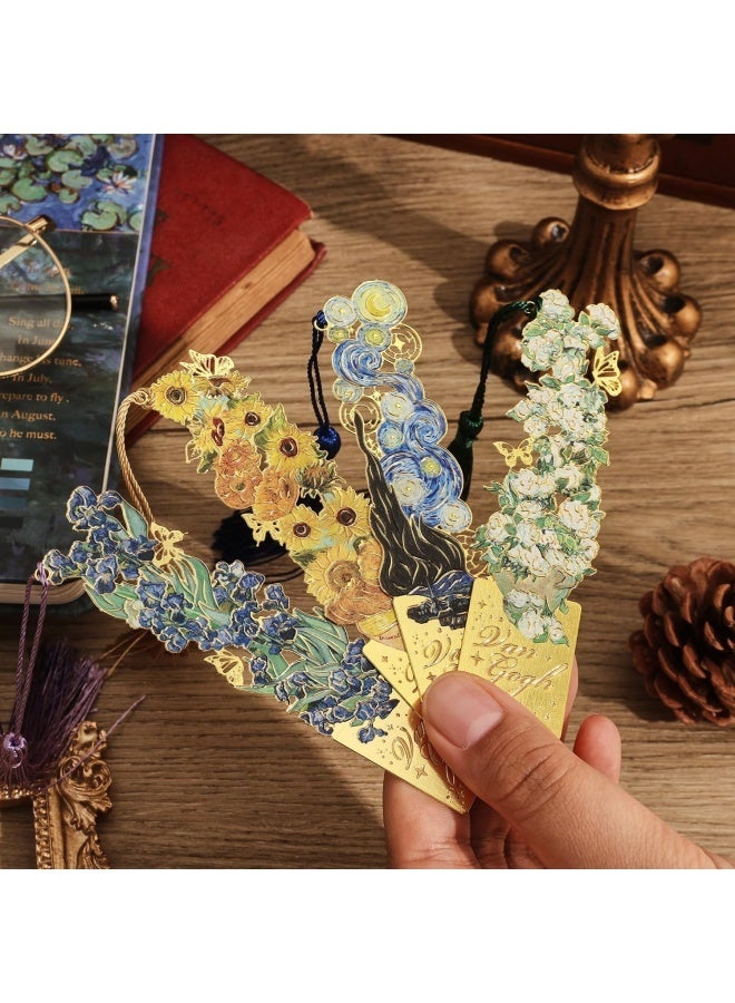 4 قطع من العلامات المرجعية مع شرابة، علامة مرجعية معدنية مجوفة ذهبية اللون، علامة مرجعية بموضوع لوحة زيتية مونيه للنساء محبات الكتب والكاتبات والقراء والأطفال والفتيات المراهقات، (نمط الزهور) - Image 2