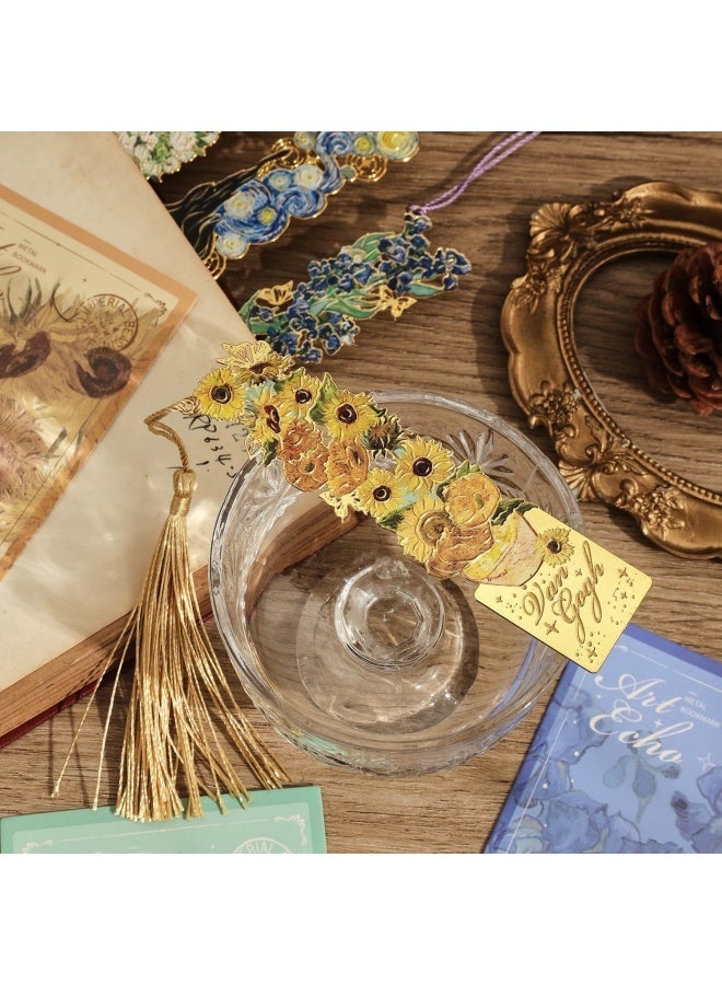 4 قطع من العلامات المرجعية مع شرابة، علامة مرجعية معدنية مجوفة ذهبية اللون، علامة مرجعية بموضوع لوحة زيتية مونيه للنساء محبات الكتب والكاتبات والقراء والأطفال والفتيات المراهقات، (نمط الزهور) - Image 4