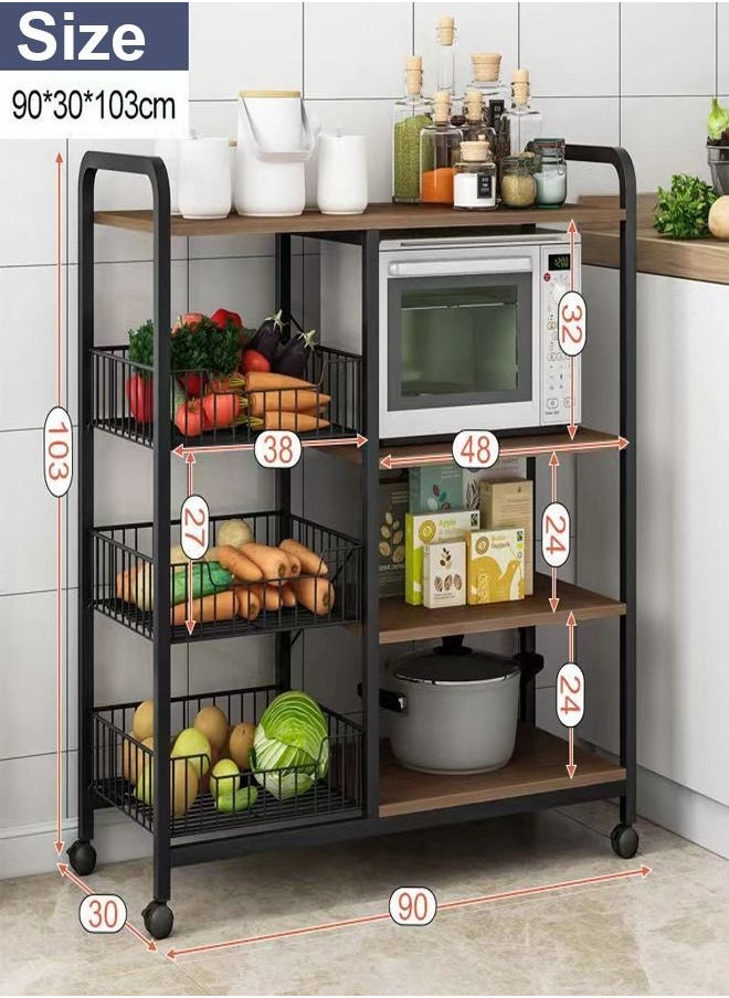 fashionhome - Upgraded Multi-Functional Compatible Design Movable Kitchen Storage Rack Utility Microwave Oven Stand Metal Frame 15 mm Thick Wood Sheet with 4 Lockable Wheels Household Storage Stand 90x30x103 Centimeter - Image 1
