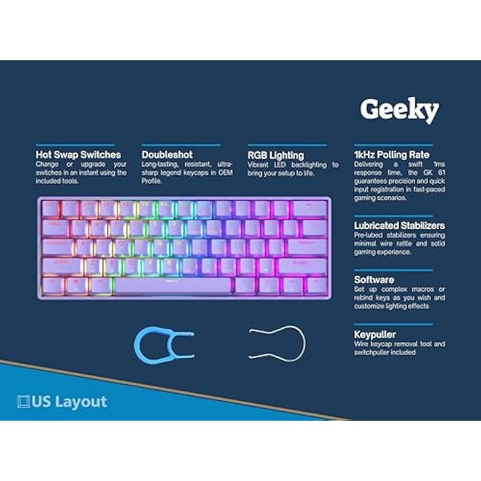 Geeky GK61 60% | HOT SWAPPABLE MECHANICAL GAMING KEYBOARD | 61 KEYS MULTI COLOUR RGB LED BACKLIGHT FOR PC/MAC GAMER| ANSI US AMERICAN LAYOUT (LAVENDER, MECHANICAL BROWN) - Image 2