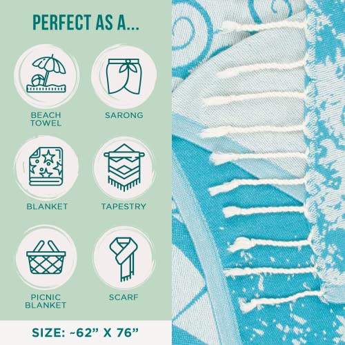 Sand Cloud Extra Large Turkish Beach Towel - 100% Organic Cotton Yarn Quick Dry for Beach, Picnic, Blanket or Bath As Seen on Shark Tank Marine Life (Crush Turtle Teal) - Image 3