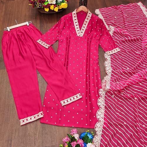 LookMark Women's Silk Blend Table Print Kurta Pant Set with Mal Cotton Digital Print Dupatta and Embroidery Work Suitable for Every Indian Occasion (AZ-LM-OG-KS2178 Pink-S) - Image 3