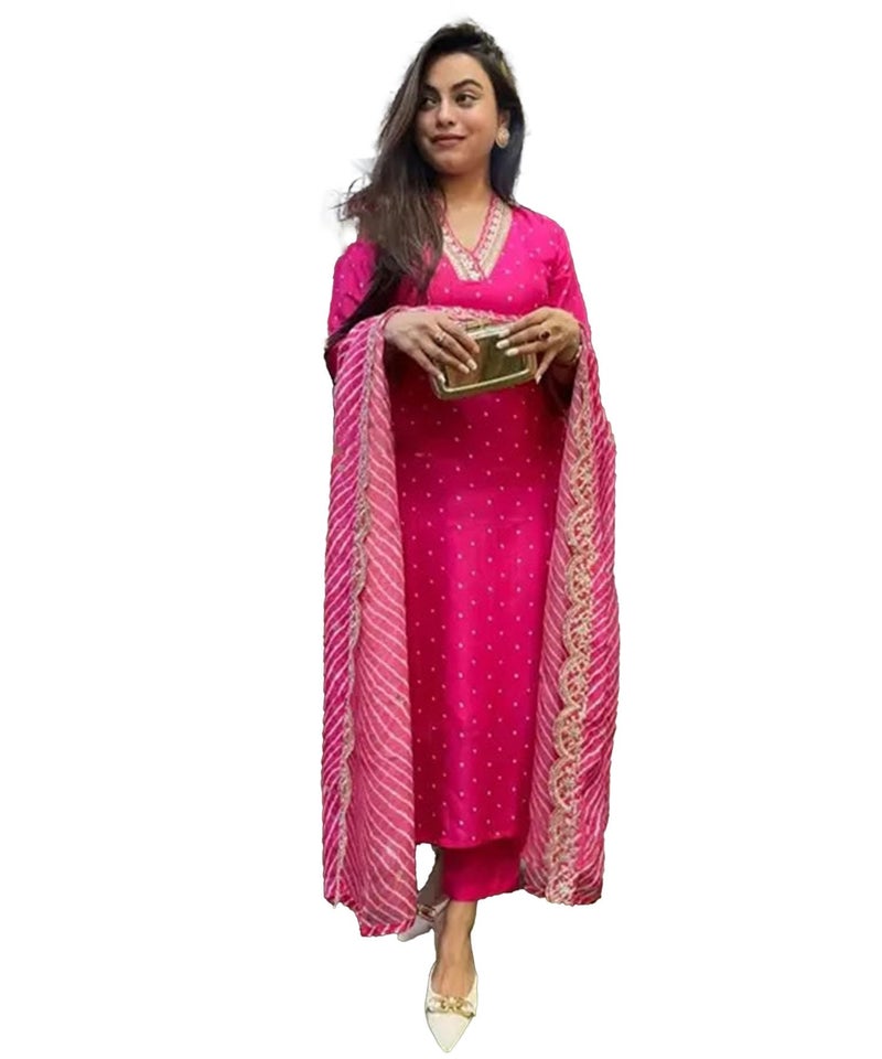 LookMark Women's Silk Blend Table Print Kurta Pant Set with Mal Cotton Digital Print Dupatta and Embroidery Work Suitable for Every Indian Occasion (AZ-LM-OG-KS2178 Pink-S) - Image 5