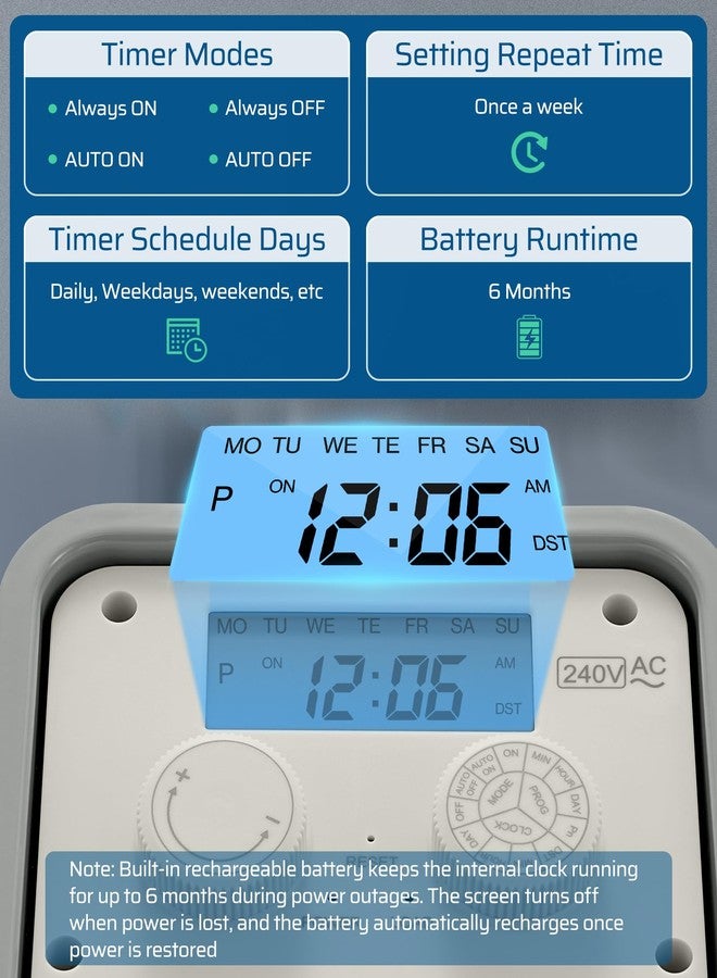DEWENWILS Pool Pump Timer, Outdoor Digital Timer Box, 3HP 40A 240VAC, 7-Day 12 ON/Off Programmable Timer Switch, Outdoor Timer for Pool Pump, Water Heater, Pool Filter, Landscape Lights, ETL Listed - Image 3