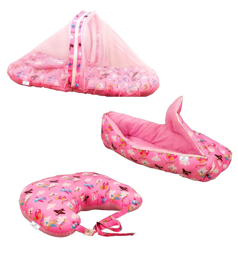 SafeChamp Skyler Baby Feeding Pillow Bedding Set with Mosquito net and Sleeping Bag Combo Pink
