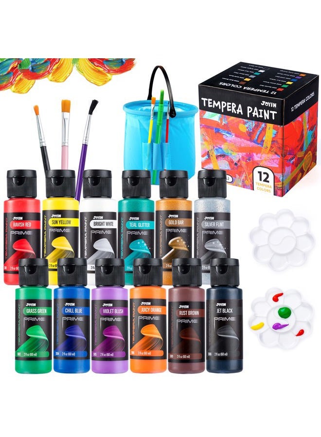 JOYIN 12PCS Washable Kids Tempera Paint Set (2 oz Each), 6 Brushes, 2 Palette & 1 Stretchable Washing Bucket, Non-Toxic Kids Liquid Paint for Arts and Crafts Project, Finger Painting, Hobby Painters - Image 1