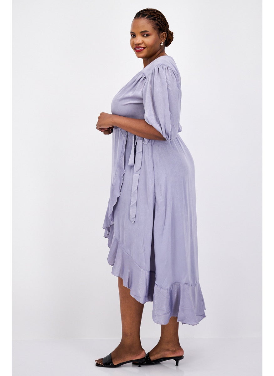 Flounce London Women Plus Size Plain Wrap Dress, Light Blue  - Image 3