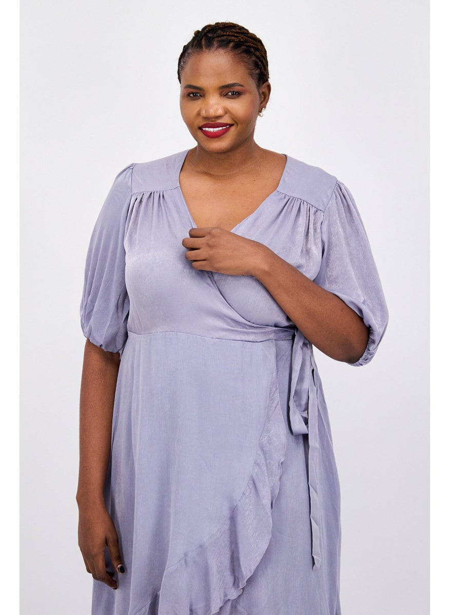 Flounce London Women Plus Size Plain Wrap Dress, Light Blue  - Image 2