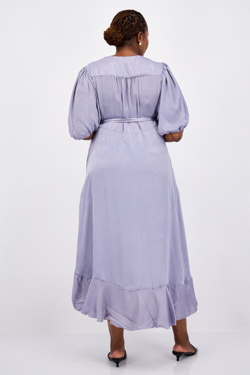 Flounce London Women Plus Size Plain Wrap Dress, Light Blue - Image 4