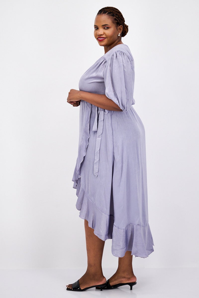 Flounce London Women Plus Size Plain Wrap Dress, Light Blue - Image 3