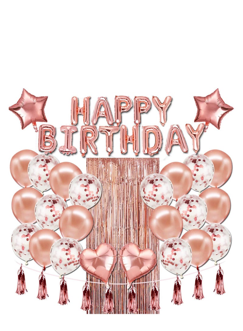 Rose Gold Birthday Party Decoration Balloon Arch Garland Set with Happy Birthday Balloon Banner, Foil Balloon, Fringe Curtain and Ribbon - Image 1