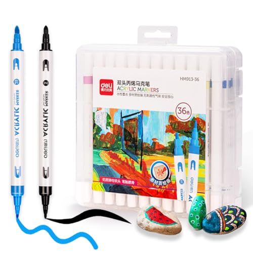 deli Paint Markers Dual Tip Quick Drying Acrylic Marker Pens for Kids Paint Pens for Wood Rock Canvas (36 Colors) - Image 1