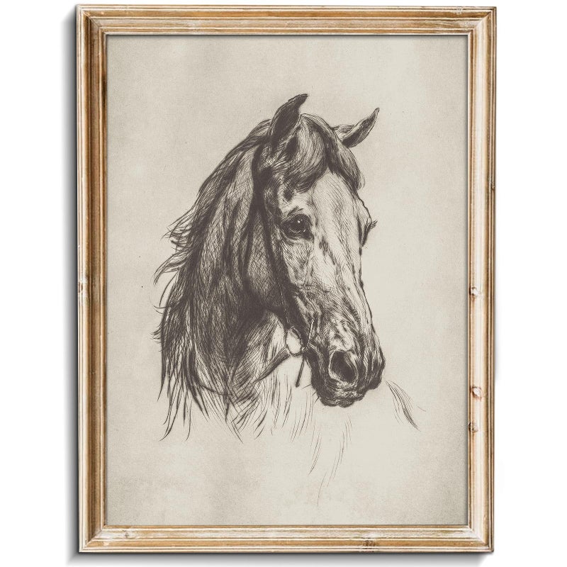 Uniro Vintage Horse Etching Sketch Equestrian Retro Wall Art Print Farmhouse Animal Farm Drawing Horse Lover Gift Cottagecore Decor Minimalist Mid Century French Country Room Decor (8"" X 10""-Unframed) - Image 1