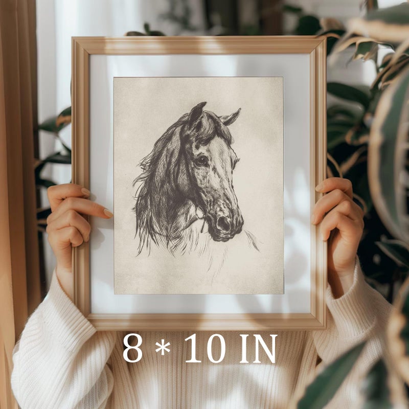 Uniro Vintage Horse Etching Sketch Equestrian Retro Wall Art Print Farmhouse Animal Farm Drawing Horse Lover Gift Cottagecore Decor Minimalist Mid Century French Country Room Decor (8"" X 10""-Unframed) - Image 3