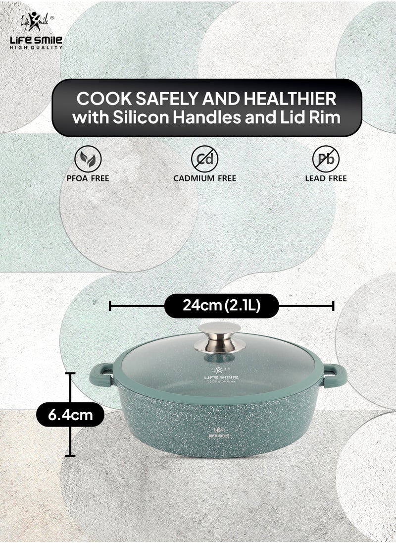 Life Smile 24cm (2.1 Liter) LIFE SMILE Shallow Pot - Multi Layer Non Stick Granite Coating 100% PFOA Free - Glass Lid With Silicone Rim - Detachable Silicone Handles - Oven Safe Frying Pan  - Image 3