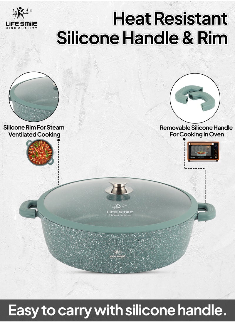 Life Smile 24cm (2.1 Liter) LIFE SMILE Shallow Pot - Multi Layer Non Stick Granite Coating 100% PFOA Free - Glass Lid With Silicone Rim - Detachable Silicone Handles - Oven Safe Frying Pan  - Image 5