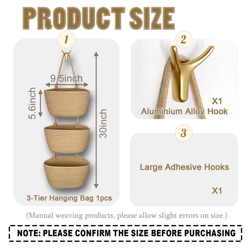HaoTuJoho 3-Tier Decorative Cotton Rope Hanging Basket, Wall-Mounted Woven Storage Organizer Bag, Jute - Image 3