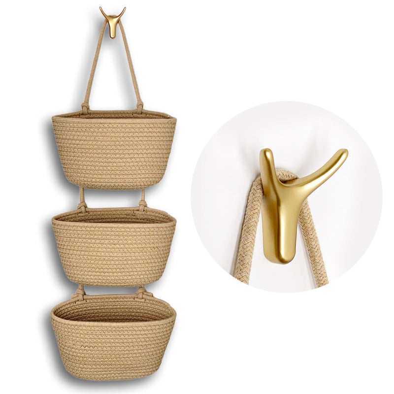 HaoTuJoho 3-Tier Decorative Cotton Rope Hanging Basket, Wall-Mounted Woven Storage Organizer Bag, Jute - Image 1