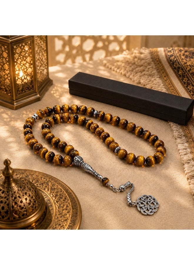 VEYRA 45-Bead Natural Tiger Eye Tasbih, 8mm Islamic Prayer Beads with Vintage Silver Details - Image 5