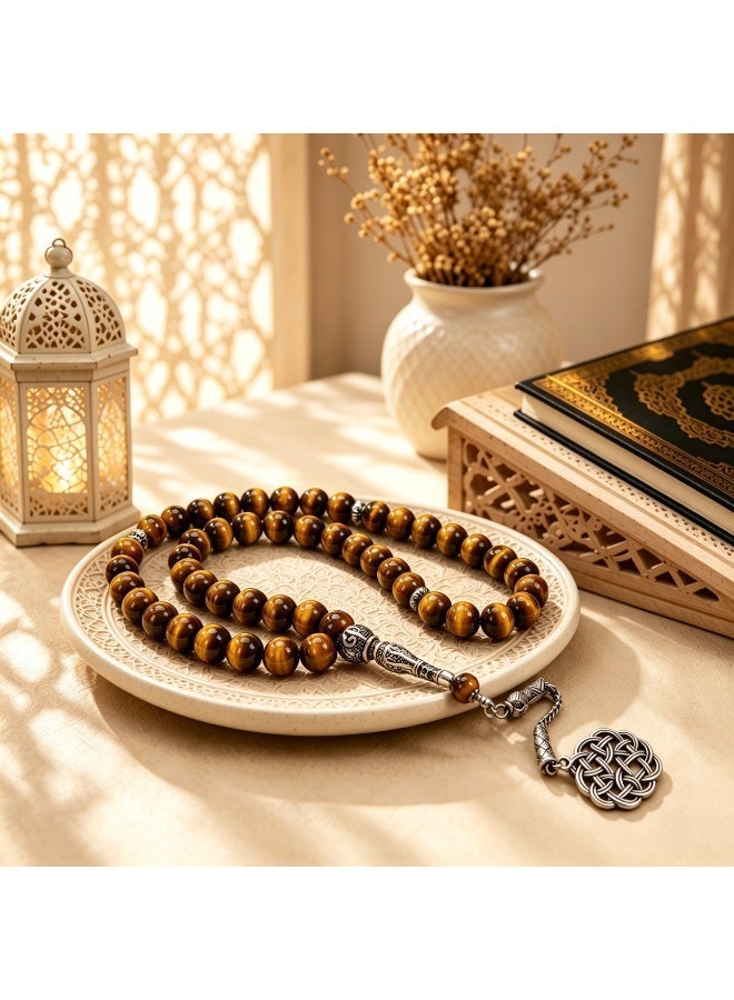 VEYRA 45-Bead Natural Tiger Eye Tasbih, 8mm Islamic Prayer Beads with Vintage Silver Details - Image 2
