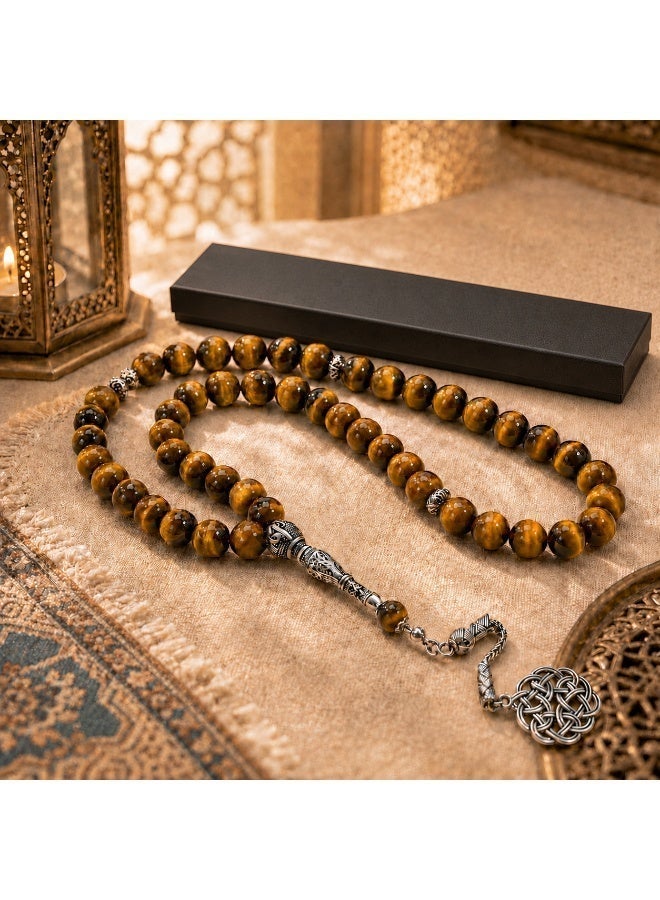 VEYRA 45-Bead Natural Tiger Eye Tasbih, 8mm Islamic Prayer Beads with Vintage Silver Details - Image 3