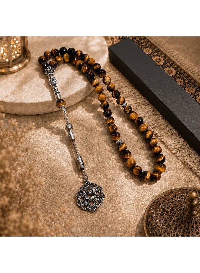 VEYRA 45-Bead Natural Tiger Eye Tasbih, 8mm Islamic Prayer Beads with Vintage Silver Details - Image 4