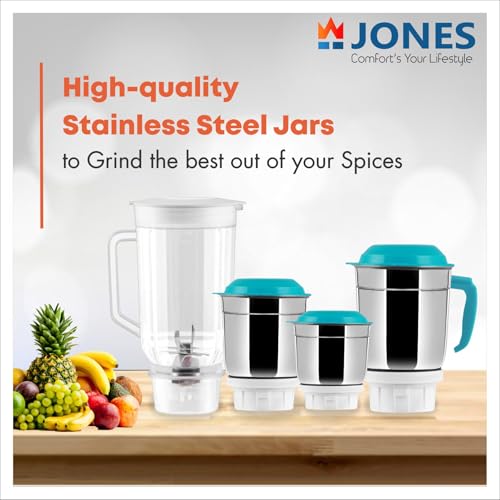 Jones Thunder Pro Juicer Mixer Grinder | Up to 750 Watt Powerful Motor | 4 Jars for Grinding, Mixing, Juicing | 2 Years Warranty | White & Blue - Image 2