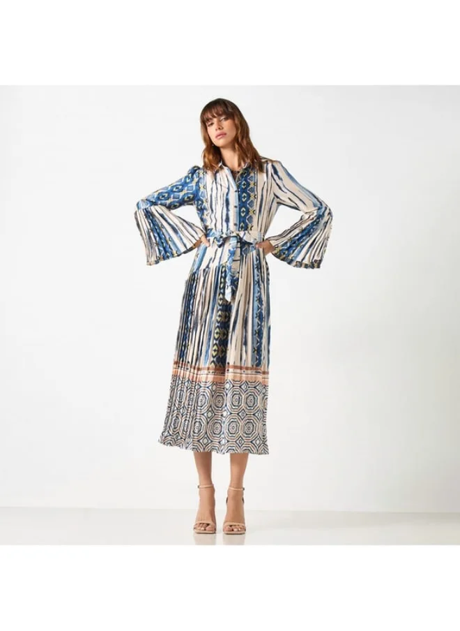 2Xtremz 2Xtremz All-Over Print Shirt Dress with Tie-Up Belt and Bell Sleeves