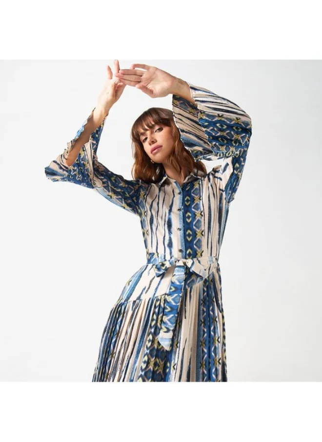 2Xtremz 2Xtremz All-Over Print Shirt Dress with Tie-Up Belt and Bell Sleeves