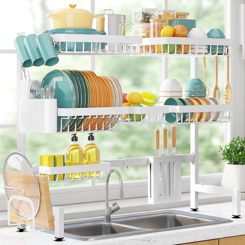 Sakugi Over The Sink Dish Drying Rack - Adjustable 3 Tier XX-Large Capacity Stainless Steel Drainer with Cutlery & Utensil Holders, Kitchen Storage & Organization, 31.5"-39.5"L x 12"W x 30.5"H, White - Image 1