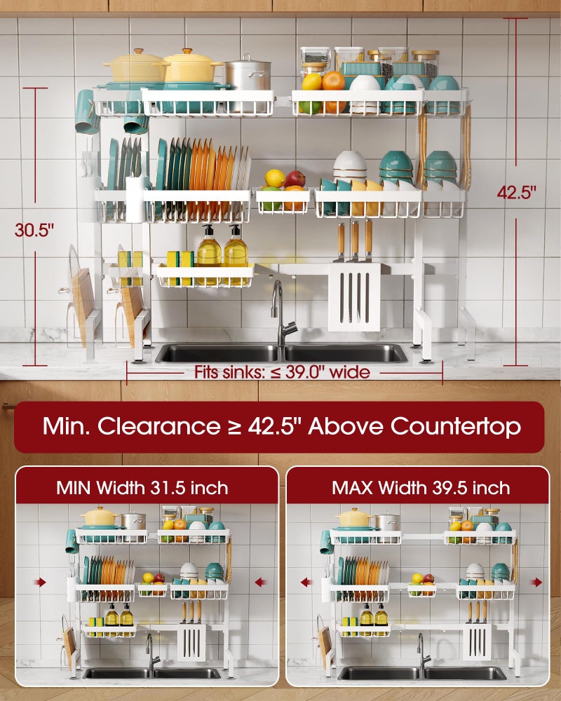 Sakugi Over The Sink Dish Drying Rack - Adjustable 3 Tier XX-Large Capacity Stainless Steel Drainer with Cutlery & Utensil Holders, Kitchen Storage & Organization, 31.5"-39.5"L x 12"W x 30.5"H, White - Image 3