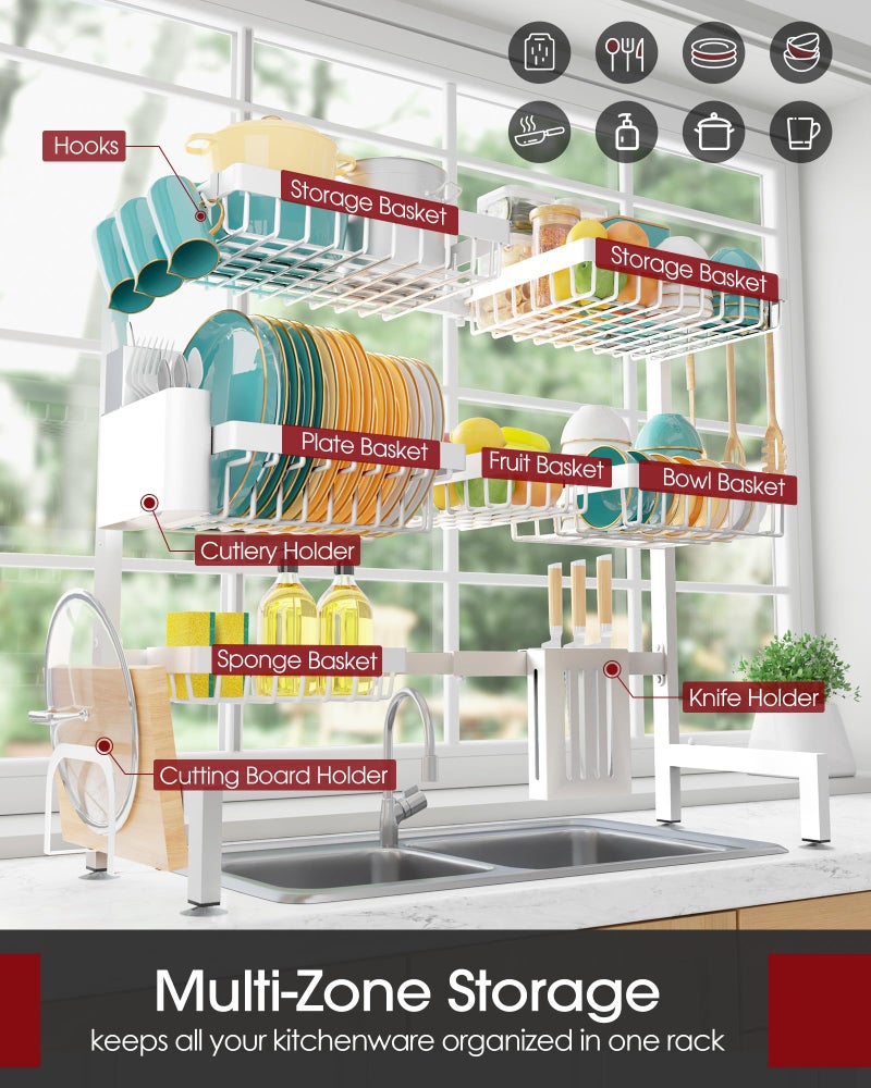 Sakugi Over The Sink Dish Drying Rack - Adjustable 3 Tier XX-Large Capacity Stainless Steel Drainer with Cutlery & Utensil Holders, Kitchen Storage & Organization, 31.5"-39.5"L x 12"W x 30.5"H, White - Image 2