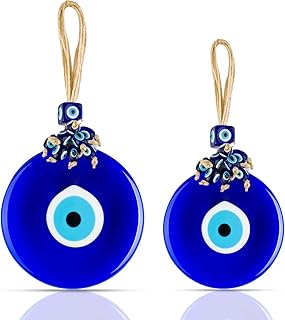BCS Evil Eye Wall Decor 2 Pcs 4.3' & 3.5' Blue Glass Turkish Greek Nazar Amulet Good Luck & Protection Charm - Handmade - Image 1