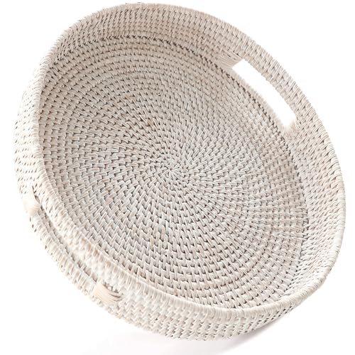 HITOMEN 118 HandWoven Round Rattan Serving Tray Decorative Wicker Trays with Handles for Coffee Table WhitewashM