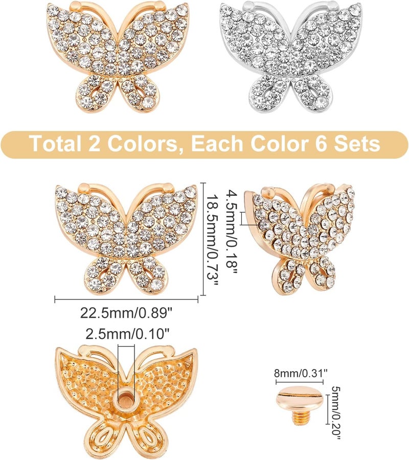 klarako 12 Sets Bag Decorative Buckle Clip, 2 Colors Butterfly Buckle Clips for Purse Leather Craft Rhinestone Studs Rivets for DIY Clothes Handbag Leather Belt Wedding Shoes Decorations (0.89 Inch) - Image 4