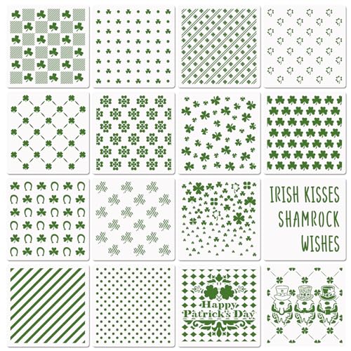 CODOHI 6in Shamrocks Cookie Stencils for Royal Icing, St Patrick's Day Green Shamrock Clover Gnome Stencils for Sugar Cookie, 16 Pcs Assorted Sizes Irish Template for Baking Drawing Dessert Coffee Decor - Image 1