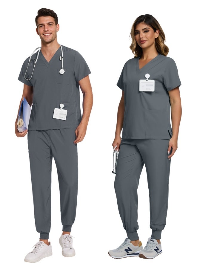 نياهين سكراب طبي نسائي وسكراب طبي رجالي، مكون من بلوزة بفتحة على شكل حرف V وبنطال رياضي ضيق الساق مع رباط، زي ممرضة طبي لزي ممرضة المستشفى للصيف (رمادي) - Image 4
