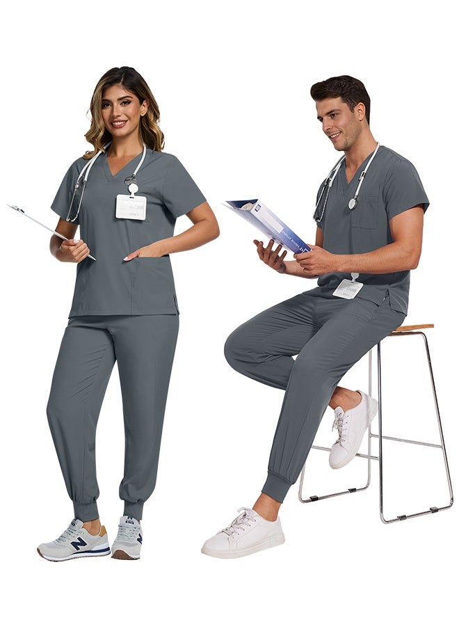 نياهين سكراب طبي نسائي وسكراب طبي رجالي، مكون من بلوزة بفتحة على شكل حرف V وبنطال رياضي ضيق الساق مع رباط، زي ممرضة طبي لزي ممرضة المستشفى للصيف (رمادي) - Image 3