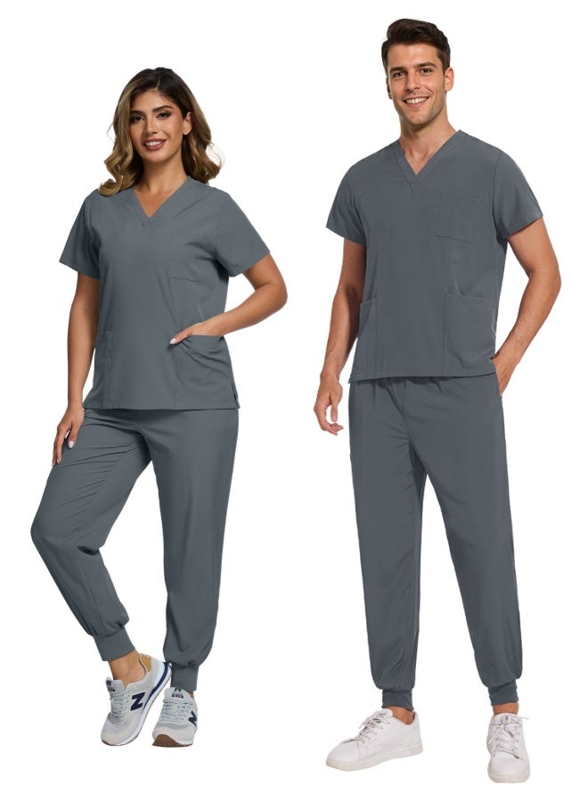 نياهين سكراب طبي نسائي وسكراب طبي رجالي، مكون من بلوزة بفتحة على شكل حرف V وبنطال رياضي ضيق الساق مع رباط، زي ممرضة طبي لزي ممرضة المستشفى للصيف (رمادي) - Image 5