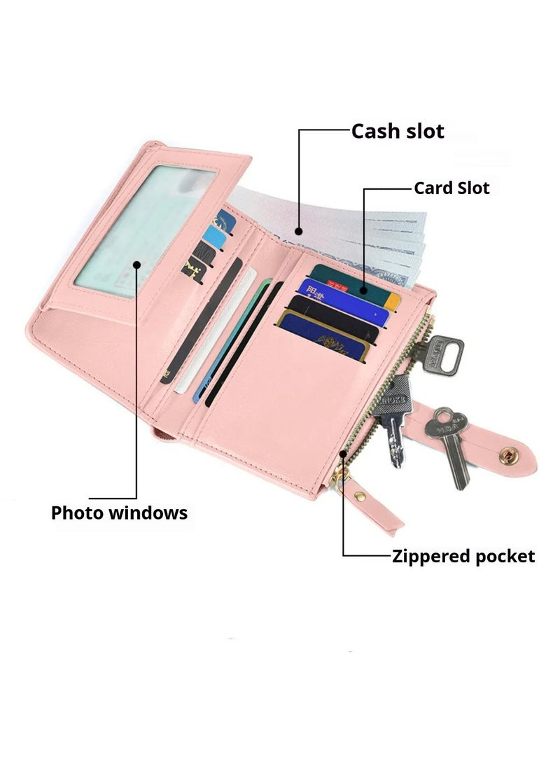 مينتجوا محفظة نسائية، محفظة حجب Rfid، محافظ بيفولد لمحفظة السيدات الإناث مع نوافذ معرفين، وردي 14 × 10 × 2.5 سم - Image 3