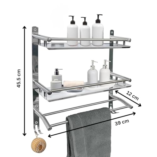 Well Set Stainless Steel Double Layer Bathroom Shelf | Wall Mounted Rack with Towel Bar & Hooks | Rust-Free Multipurpose Organizer for Bathroom & Kitchen (Chrome Mirror Finish, Silver) - Image 3