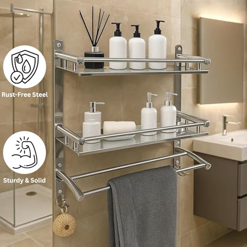 Well Set Stainless Steel Double Layer Bathroom Shelf | Wall Mounted Rack with Towel Bar & Hooks | Rust-Free Multipurpose Organizer for Bathroom & Kitchen (Chrome Mirror Finish, Silver) - Image 5
