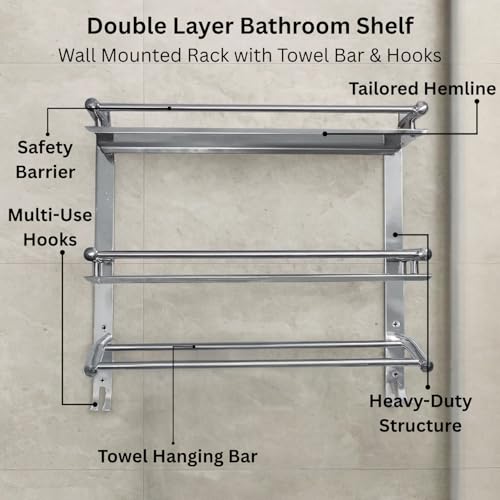 Well Set Stainless Steel Double Layer Bathroom Shelf | Wall Mounted Rack with Towel Bar & Hooks | Rust-Free Multipurpose Organizer for Bathroom & Kitchen (Chrome Mirror Finish, Silver) - Image 2