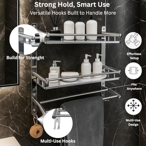 Well Set Stainless Steel Double Layer Bathroom Shelf | Wall Mounted Rack with Towel Bar & Hooks | Rust-Free Multipurpose Organizer for Bathroom & Kitchen (Chrome Mirror Finish, Silver) - Image 4