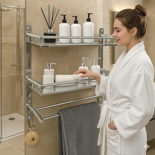 Well Set Stainless Steel Double Layer Bathroom Shelf | Wall Mounted Rack with Towel Bar & Hooks | Rust-Free Multipurpose Organizer for Bathroom & Kitchen (Chrome Mirror Finish, Silver) - Image 1