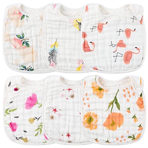 Zainpe 6Pcs Snap Muslin Cotton Bibs for Baby, Flamingo Star Flower Machine Washable Adjustable Burp Cloths with 6 Absorbent Soft Layers for Infant Newborn Toddler Drooling Feeding and Teething - Image 1