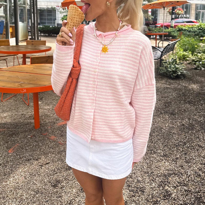 Yuemengxuan Women Knitted Cardigan Sweaters Long Sleeve Button Down Loose Knitwear Tops Y2k Vintage Jumper Knit Shirt (Pink Stripes, M) - Image 2