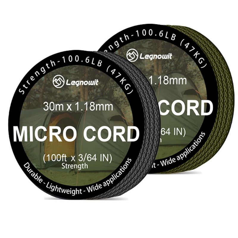 Legnowit Micro Paracord, 2 Pack 1.18mm x 100ft Thin Mini Utility Braided Small Paracord for Crafting, DIY Project, Camping and More - Image 1