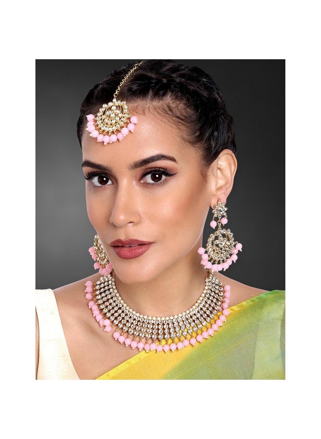 Aheli Elegant Indian Wedding Wear Faux Beaded Necklace Earrings With Maang Tikka Bollywood Fashion Ethnic Jewelry Set For Women  - Image 2